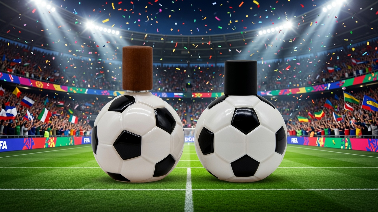 Football-shaped perfume bottles on stadium pitch with confetti