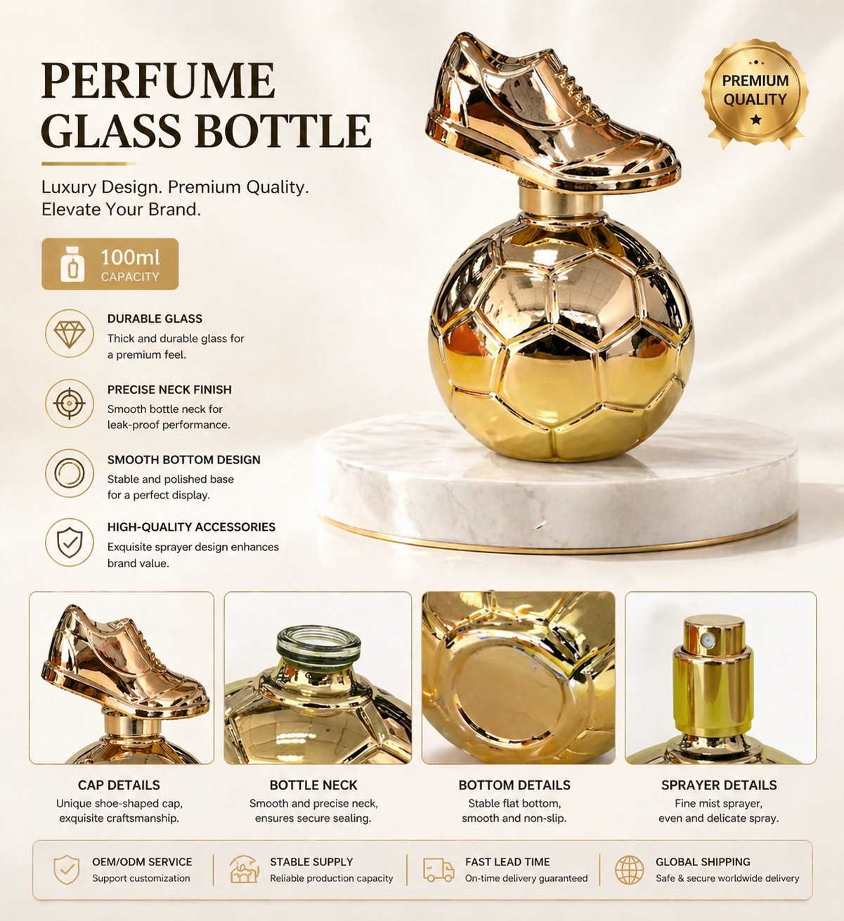 Golden football glass perfume bottle with golden football boot cap, 100ml
