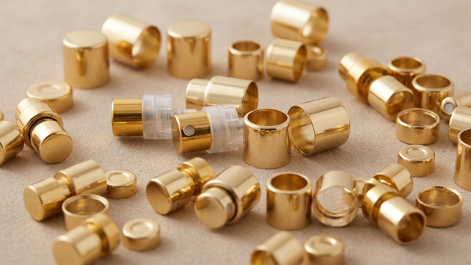 Gold FEA 15 crimp perfume sprayer pumps and caps used for atomizers