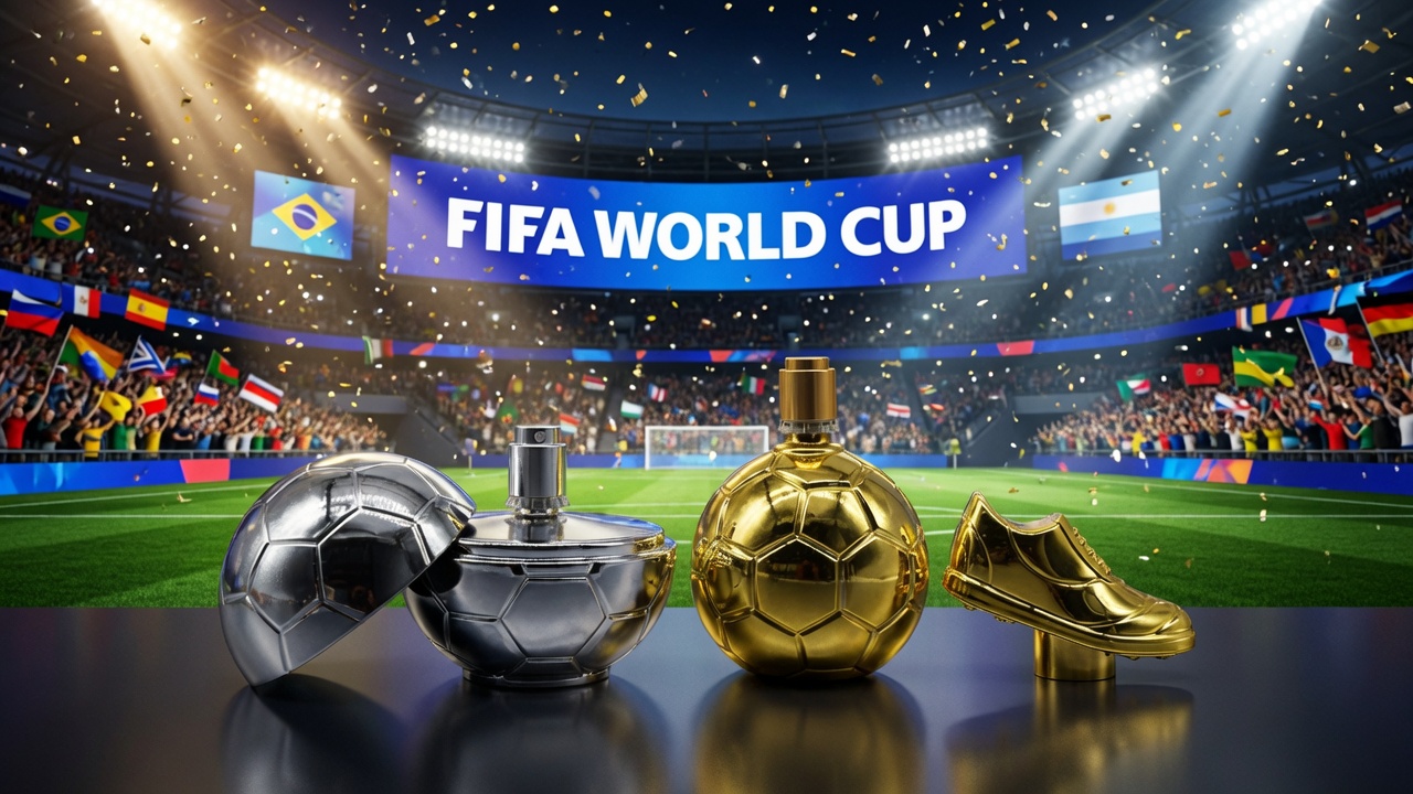 Gold and silver football-shaped perfume bottles with matching boot caps